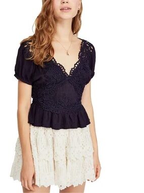 Free People Navy blue sweet roses embroidered blouse